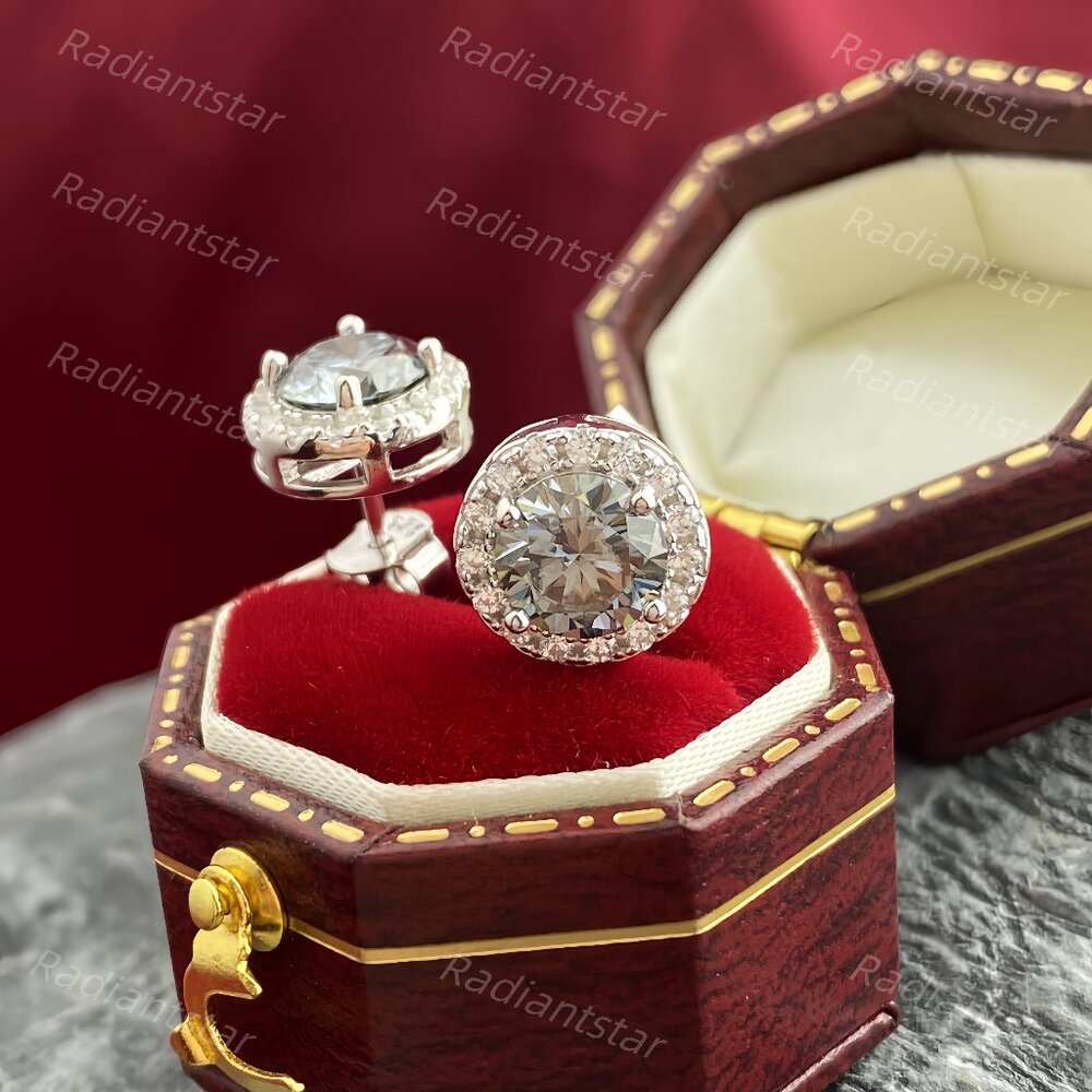 NEW Certified 2ct. t.w. Grey Moissanite 6 Round Halo Stud Earrings - Picture 3 of 6